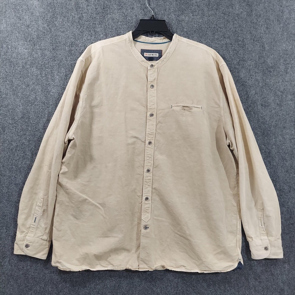 32 Bar Blues Shirt Mens 2XL‎ Beige Solid Long Sleeve Band Collar Railroad Linen